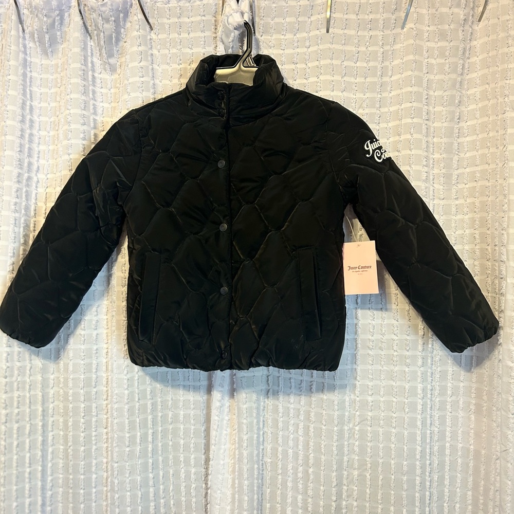Juicy Couture Kids Size S 7/8 Black Quilted‎ Puffer Jacket Logo Sleeve  NWT